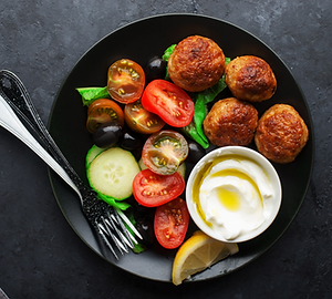 Meatballs with Roasted Veggies and Hummus