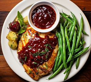 Roasted chicken with green beans and a small serving of cranberry sauce (sugar-free)