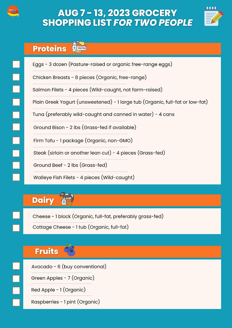 Grocery List July 31 - August 6, 2023, Low Carb, High Protein Vegetarian-Inspired Diet Meal Plan