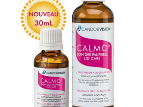 Nouveau bouteille CALMO® soin des paupières 30mL à côté de la bouteille CALMO® soin des paupières 70mL