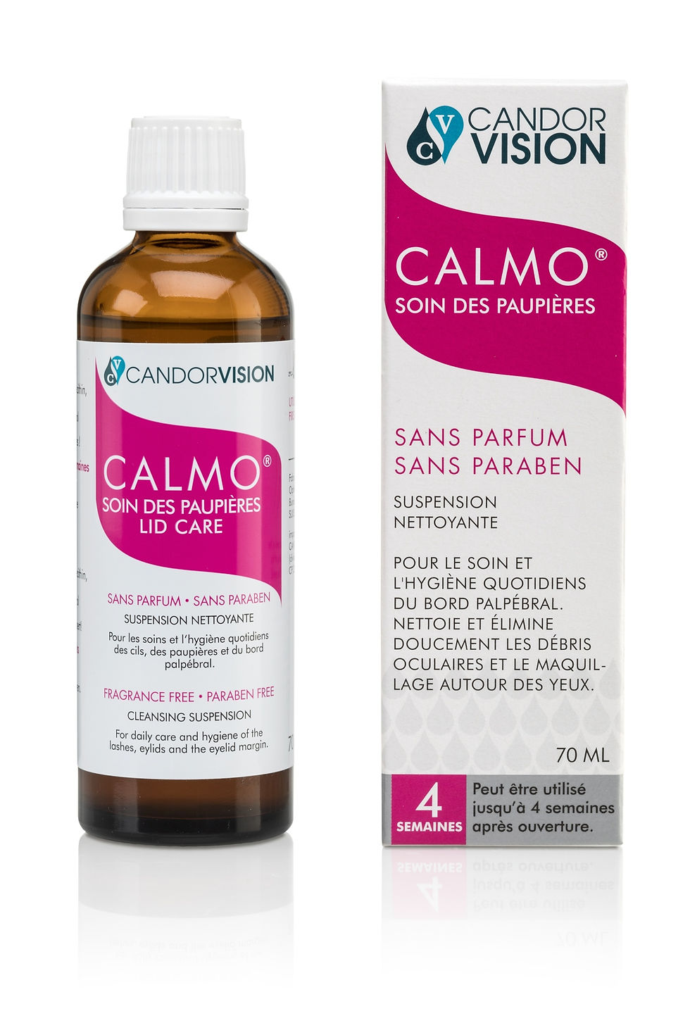 NOUVEAU CALMO® soin des paupières 30mL bouteille et boîte.