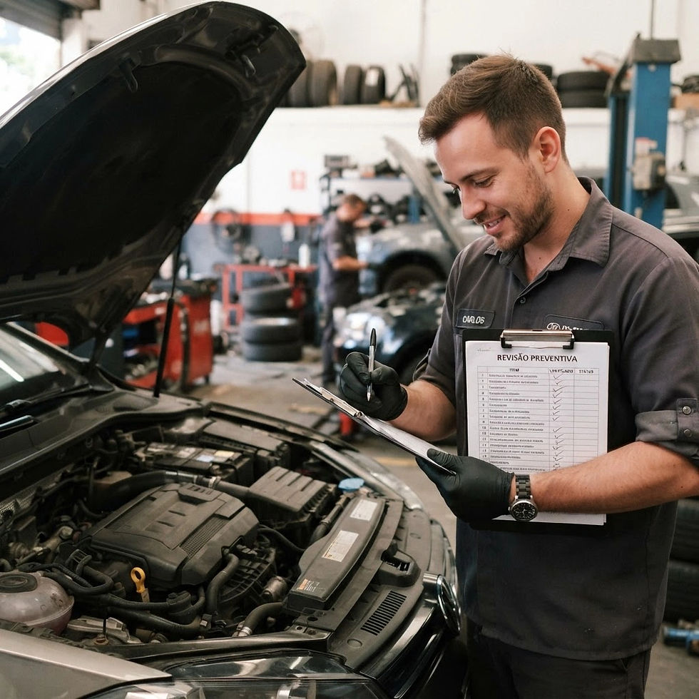 Mecânico com checklist de revisão ao lado do motor