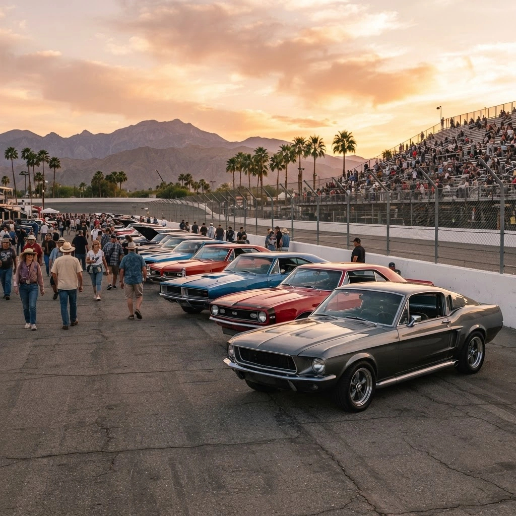 Carros clássicos expostos na pista ao pôr do sol