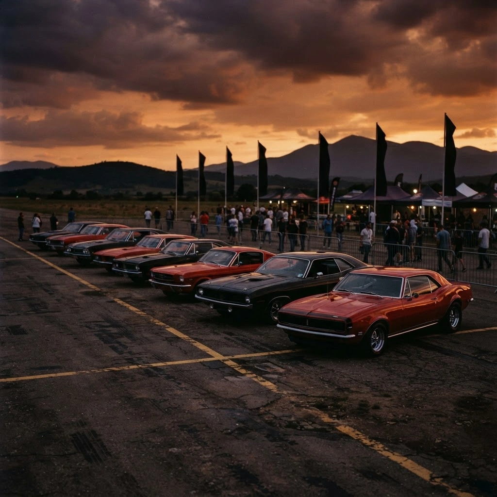 Carros clássicos na pista ao entardecer