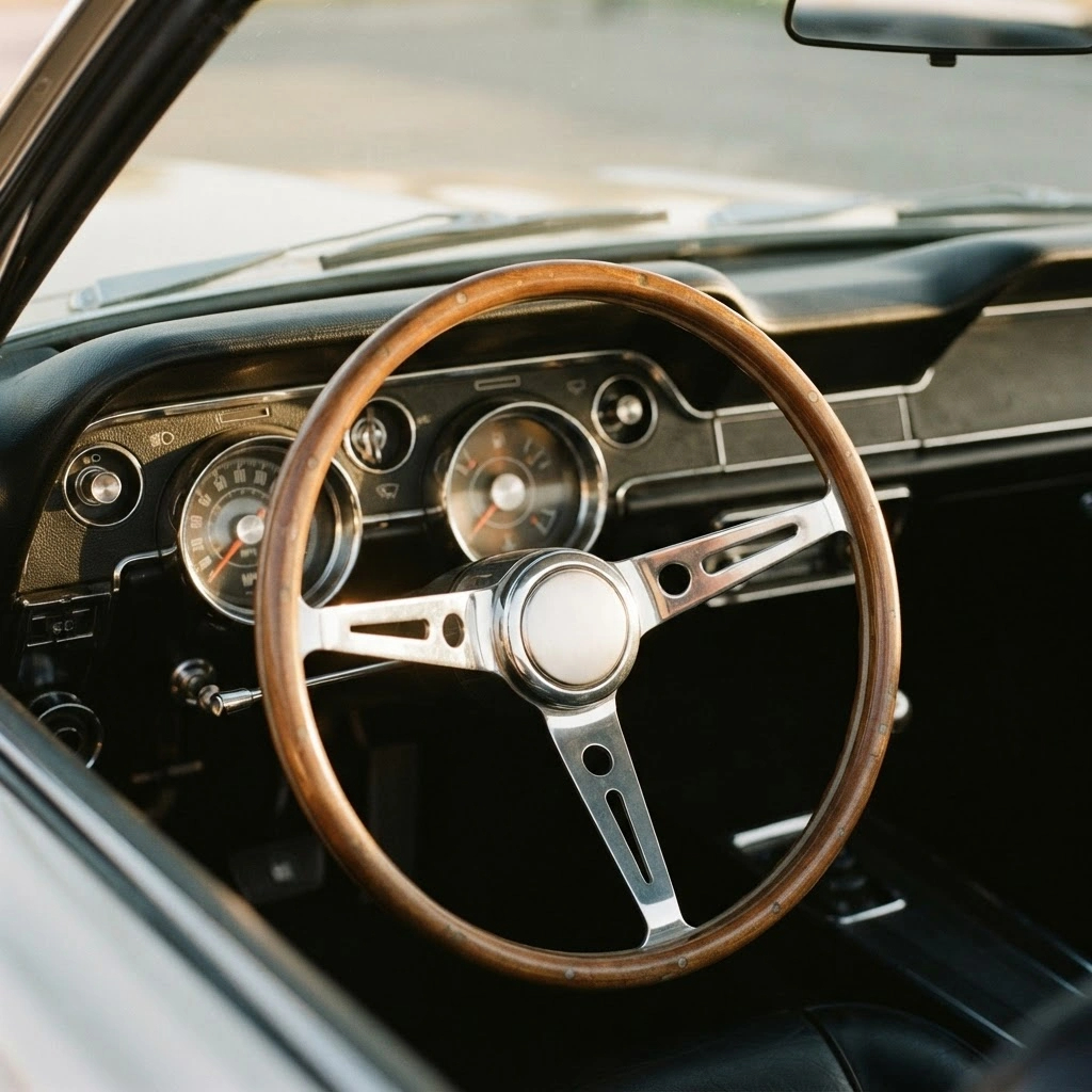 Volante de madeira de um carro clássico