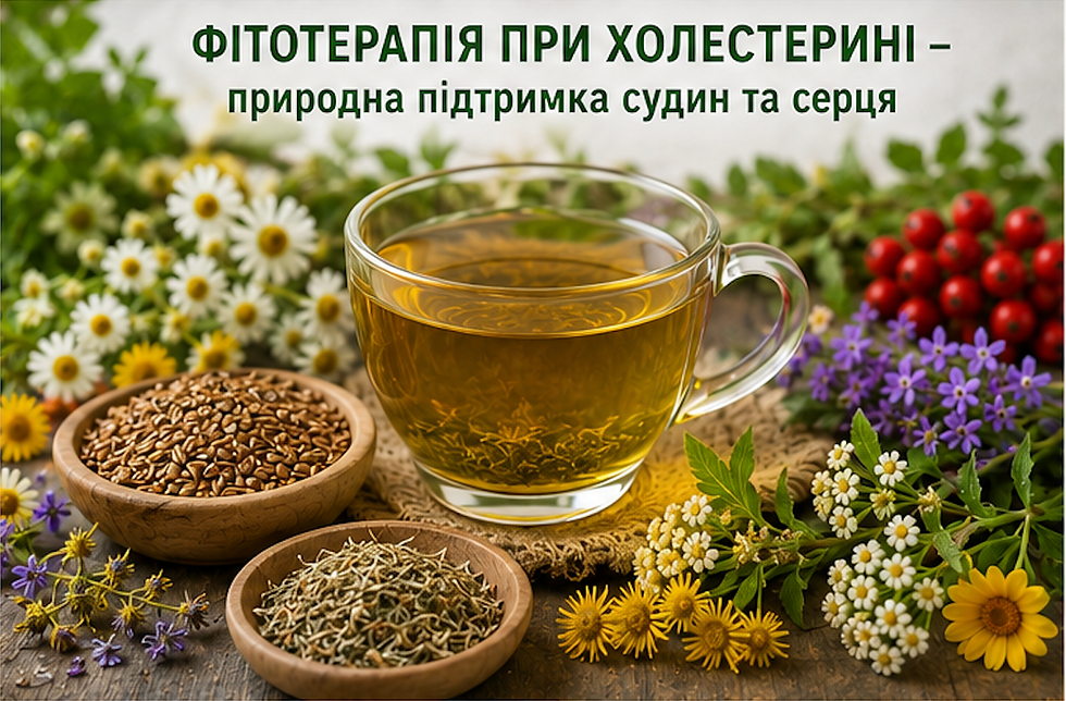 Чашка трав’яного чаю, квіти й насіння; зверху текст: Фітотерапія при холестерині — природна підтримка судин та серця - zborovik.com.ua