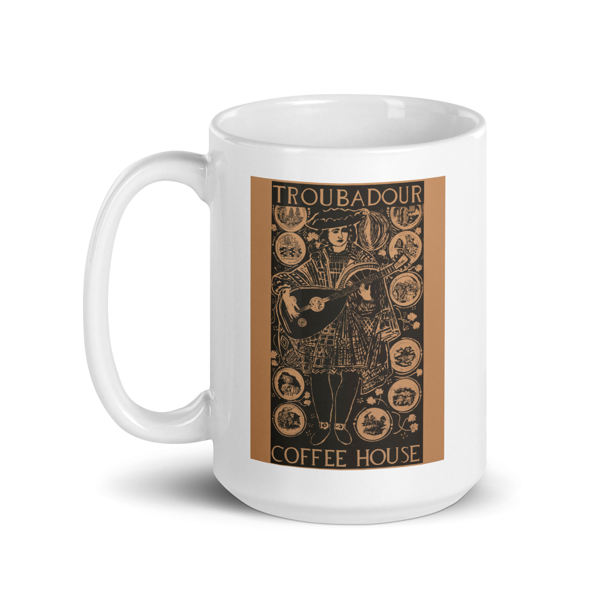 Troubadour London Historic Coffee House Hand Drawn 1950s White glossy mug