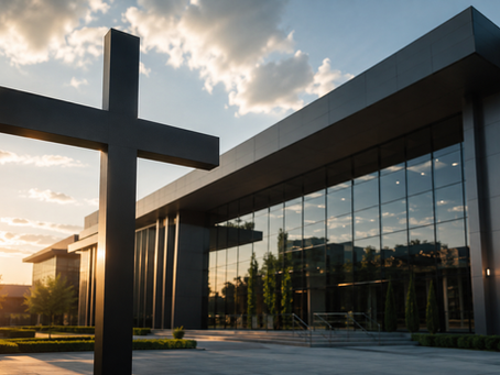 Fachada de megaigreja contemporânea com estrutura arquitetônica moderna e logotipo institucional, contrastando com uma cruz simples de madeira em primeiro plano — simbolizando o conflito entre fé mercantilizada e espiritualidade genuína.