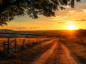 Estrada de terra no campo ao pôr do sol com horizonte iluminado, representando o caminho de volta para casa.