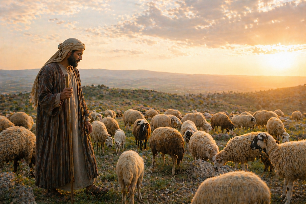 Pastor cuidando de ovelhas em campo aberto representando o modelo bíblico de liderança servidora no Novo Testamento em contraste com pastores que vivem do dízimo sem trabalhar