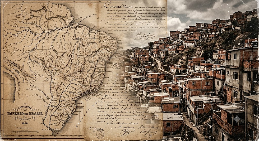 Imagem conceitual em dupla exposição misturando documentos históricos coloniais com a arquitetura de tijolos de uma favela contemporânea, representando a raiz histórica da desigualdade.