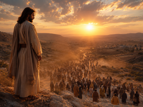Pintura digital realista de Jesus no alto de uma colina na Palestina, observando com compaixão uma grande multidão espalhada pelo vale ao pôr do sol.