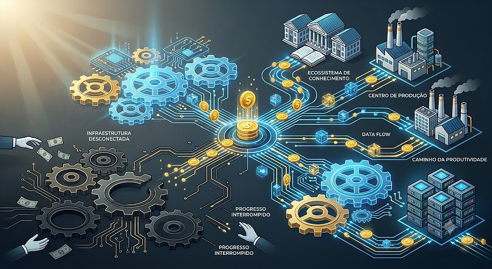 Diagrama conceitual mostrando moedas digitais e fluxos de dados movendo-se através de engrenagens de tecnologia e educação, simbolizando a importância da produtividade e infraestrutura econômica.