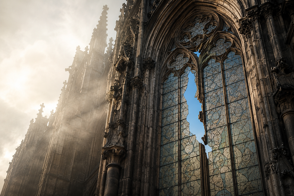 Fachada de catedral de pedra antiga com vitral trincado simbolizando a desconstrução institucional.
