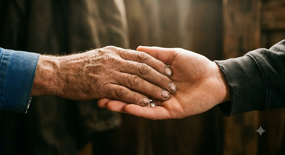 Imagem em plano detalhado de duas mãos se encontrando em um gesto de apoio e solidariedade, iluminadas por uma luz suave e acolhedora, representando a compaixão e responsabilidade social.