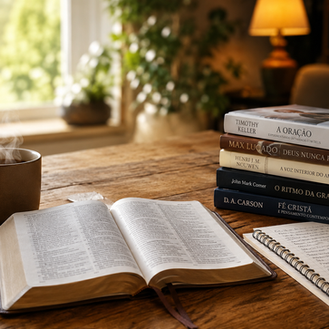 Pilha de livros cristãos mais buscados dispostos sobre mesa de madeira com café e Bíblia aberta ao lado, representando momento de leitura e estudo devocional.