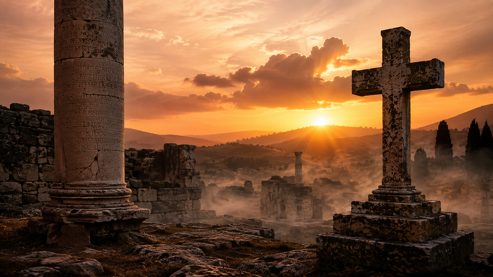 Ruínas romanas e cruz de pedra simbolizando a história e origem do cristianismo cultural.
