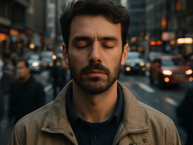 Homem de olhos fechados praticando autocontrole em meio ao trânsito e barulho urbano