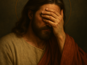 Jesus tapando os olhos com vergonha.
