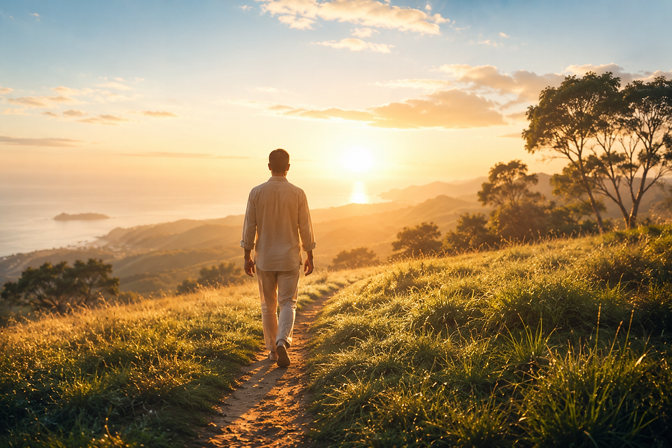 Pessoa caminhando em direção à luz do amanhecer, simbolizando a paz e a certeza da salvação cristã de quem crê e for batizado.