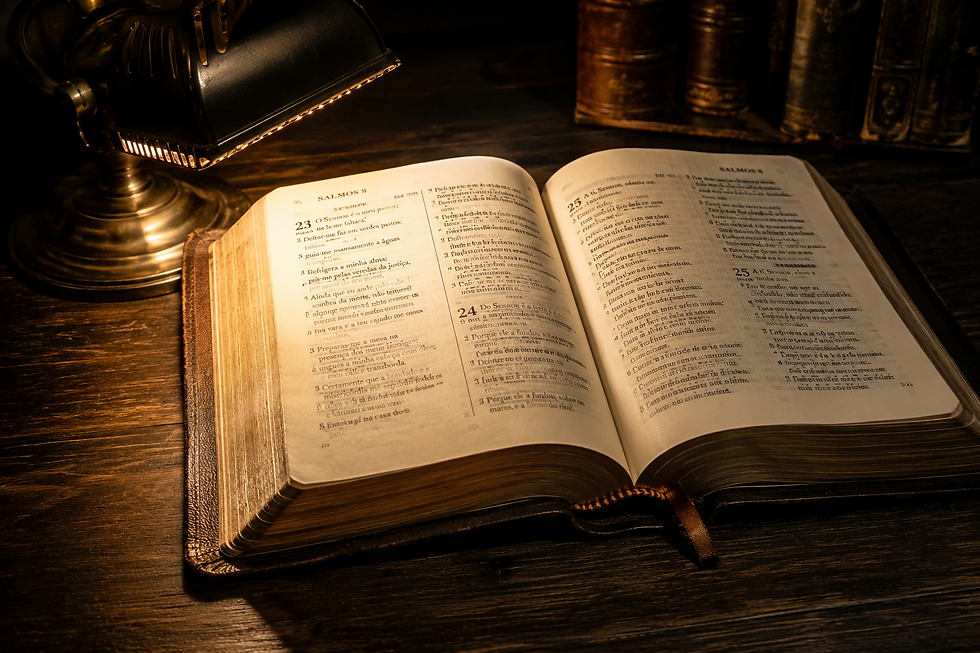 Bíblia sagrada aberta nas páginas do Evangelho de Marcos detalhando o versículo quem crê e for batizado será salvo.