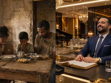 Contraste entre família pobre à mesa e pastor em ambiente luxuoso, ilustrando o debate sobre dízimos no Novo Testamento e o enriquecimento de líderes religiosos às custas dos fiéis