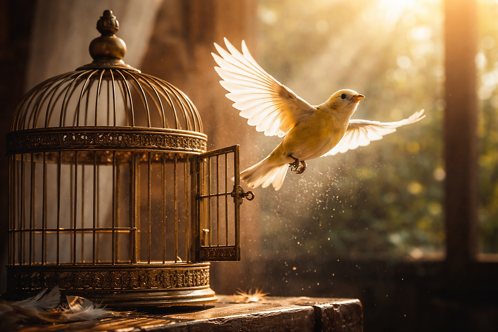Pássaro saindo da gaiola (liberdade espiritual)