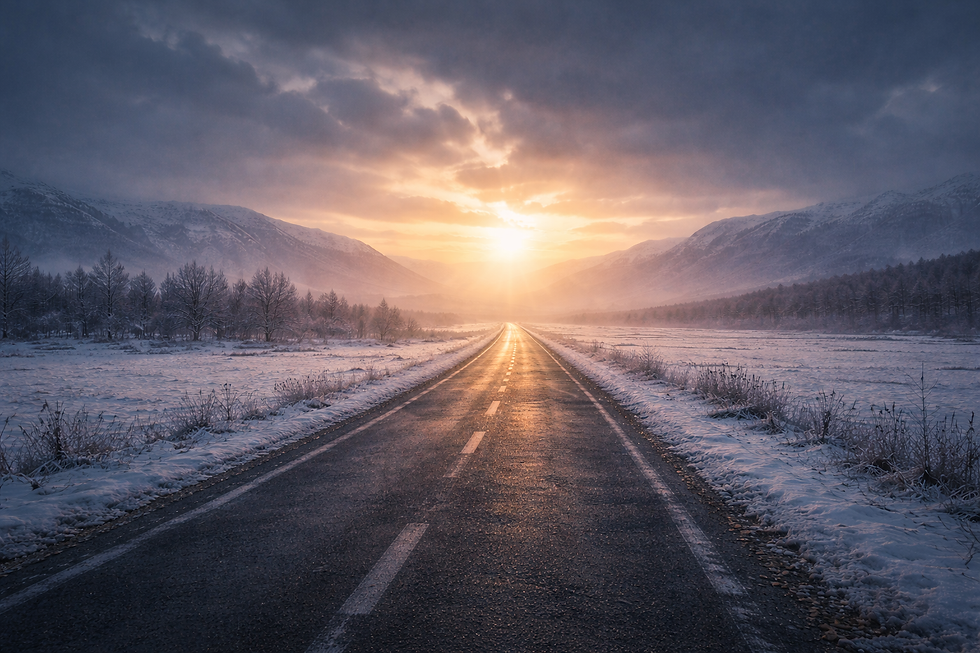 Céu nublado se abrindo com luz ao fundo sobre uma estrada de inverno, sugerindo promessa e continuidade do caminho