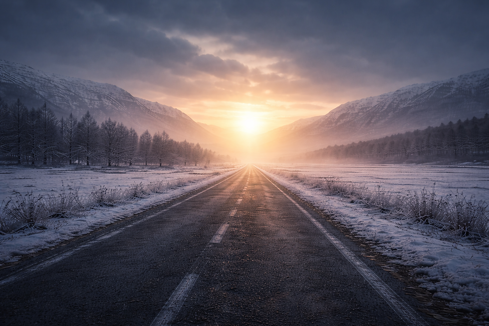 Amanhecer em paisagem fria com luz rompendo a neblina, representando a certeza do futuro prometido.