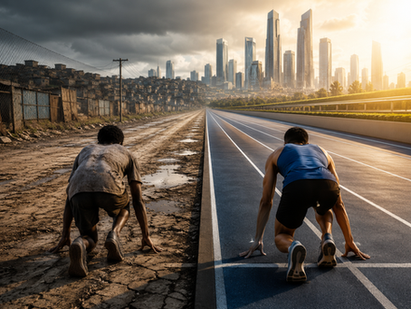 Fotografia conceitual de uma pista de corrida dividida ao meio, onde um lado é moderno e ensolarado e o outro é uma trilha de terra precária na periferia, simbolizando a desigualdade de oportunidades.