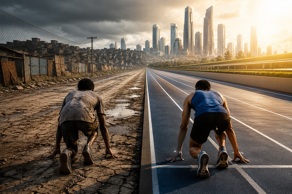 Fotografia conceitual de uma pista de corrida dividida ao meio, onde um lado é moderno e ensolarado e o outro é uma trilha de terra precária na periferia, simbolizando a desigualdade de oportunidades.