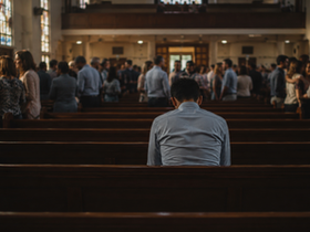 Homem sentado sozinho em um banco de igreja enquanto outros membros conversam ao fundo após o culto.