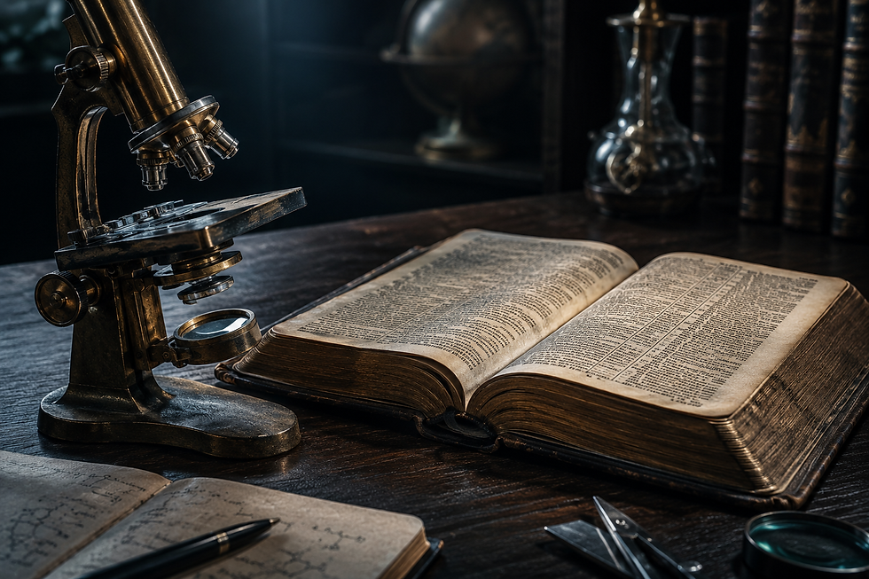 Um microscópio sobre um texto sagrado antigo simbolizando a busca moderna por explicações científicas para as proibições de animais impuros na Bíblia.