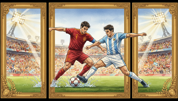 Eye-level view of Spanish and Argentine players battling for the ball in a World Cup final.