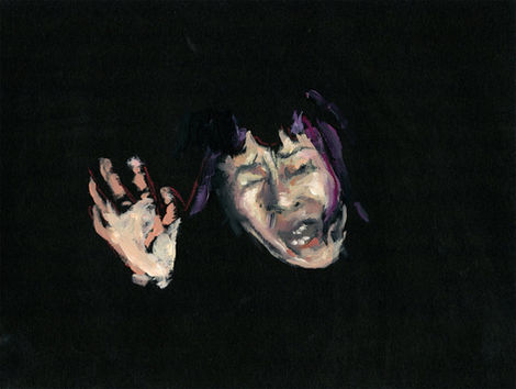 ציור של אישה צורחת או בוכה, יד מורמת, ברקע שחור עמוק.