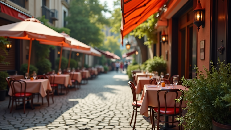 Eye-level view of an Italian restaurant's outdoor seating area