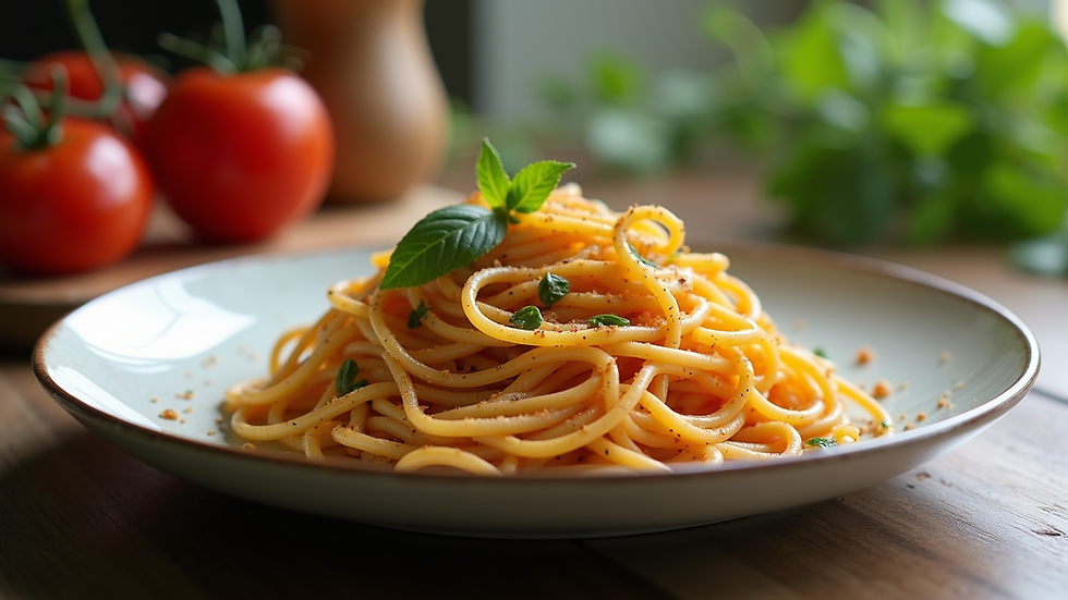 Close-up view of a beautifully presented plate of Italian pasta