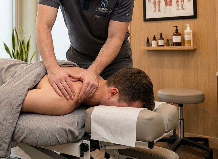 Chiropractor performing myofascial release therapy on patient for muscle pain relief, fascia tension reduction, improved mobility, and natural recovery care.