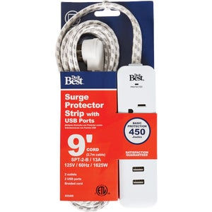 o it Best 2-Outlet/2-USB 450J White Surge Protector with 9 Ft. Braided Cord & Ri