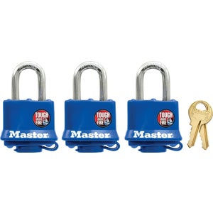 Master Lock 1-9/16 In. W. Covered Laminated Steel Pin Tumbler Padlock, Blue (3-P