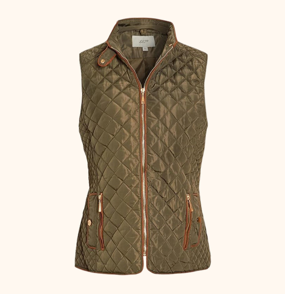 Olive quilted vest with brown accents, front zipper, and pockets, displayed on a plain light background.
