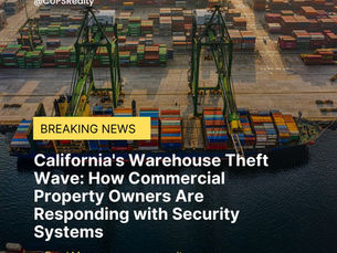 Aerial view of a container port with cranes and stacked cargo; breaking news text about California warehouse theft and security.