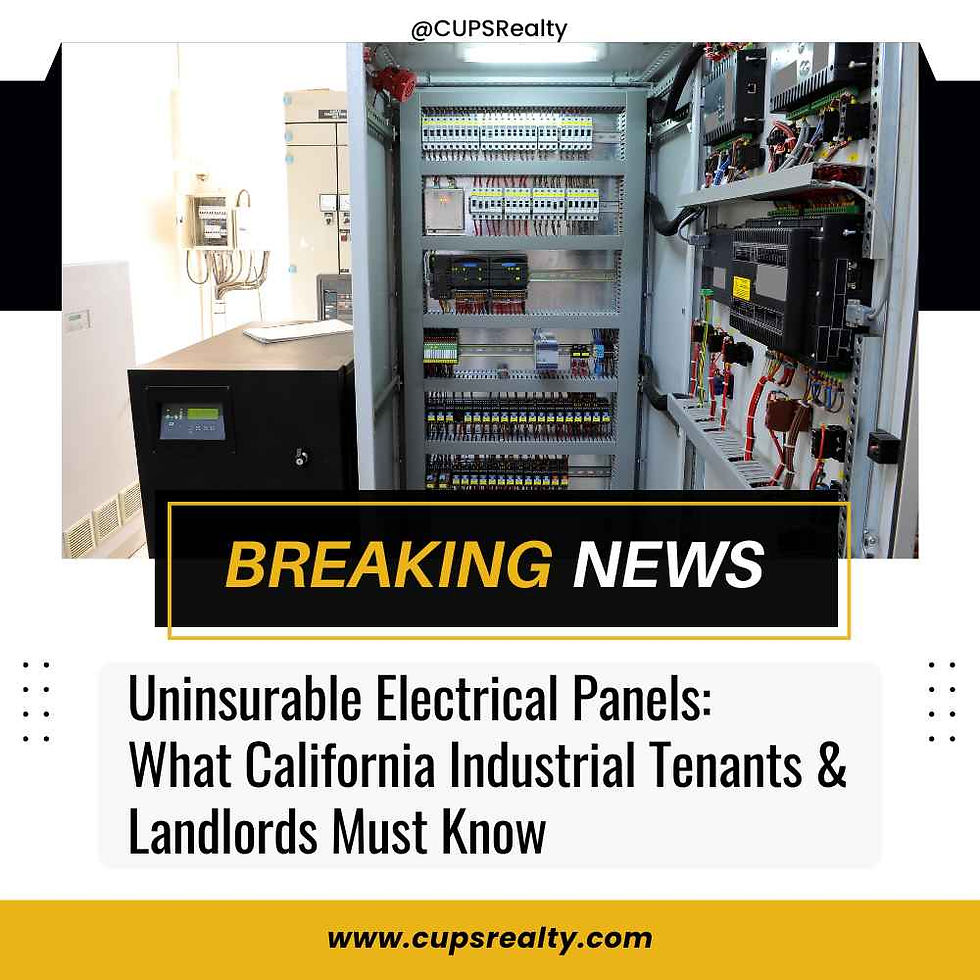 Open industrial electrical panel with wiring and breakers; Breaking News graphic about uninsurable electrical panels in California.