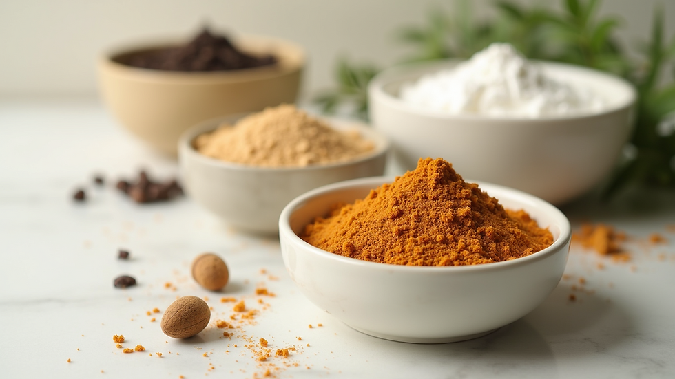 Close-up view of natural skincare ingredients in small bowls