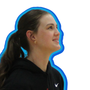 Basketball player Averie Lower looking at the hoop.