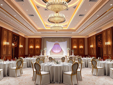 Luxury Saudi wedding hall prepared for an event, elegant tables, warm lighting, chandelier