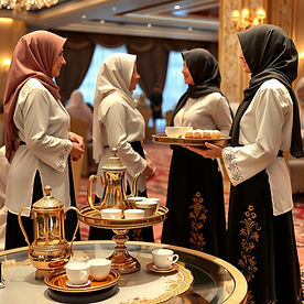 A side view of a Saudi women's wedding hall. A team of female coffee servers, wearing trad