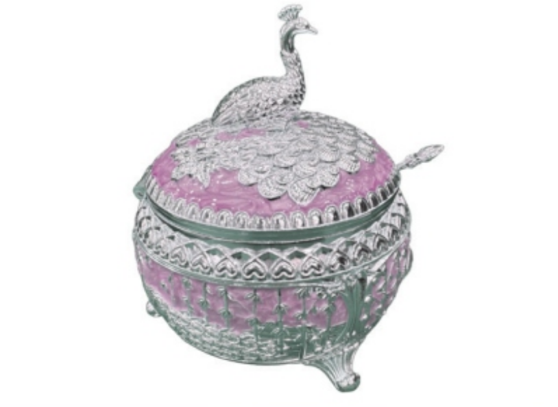 Silver Metal Peacock Sugar Pot with Enamel