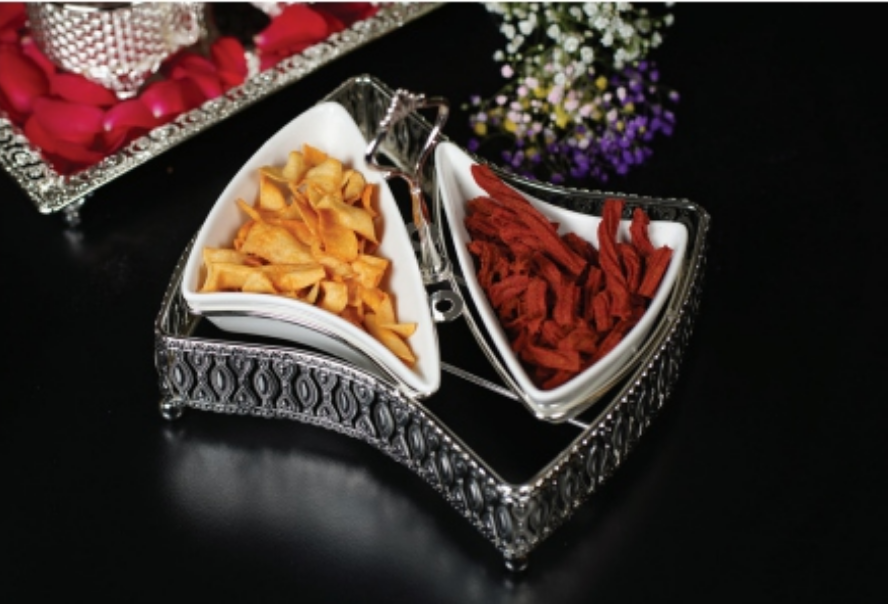 Silver Metal Rectangular Tray with 2 Curved Partition