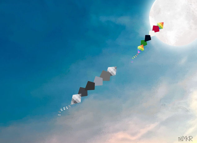 Grayscale kites following green, black, white, red, and yellow kites of the Palestinian flag over a blue sky cloudy backdrop.